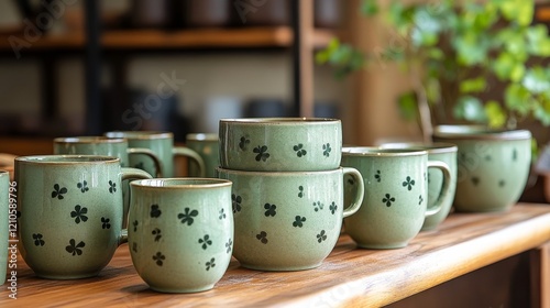 Crafted ceramic mugs arranged neatly on a wooden shelf with a green backdrop ...