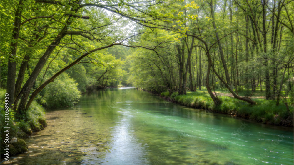 Obraz premium Lush Green Forest with Tranquil Stream Flowing through a Peaceful Landscape