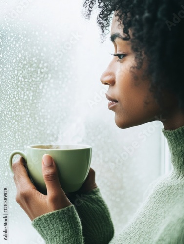 Mindful Serenity Black Woman with Natural Curls Sipping Tea by Rainy Window - Minimalist Relaxation Content for Wellness Brands and Emotional Balance Messaging
