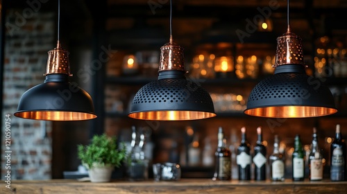 Cozy bar interior featuring stylish pendant lighting and a well-stocked shelf...
