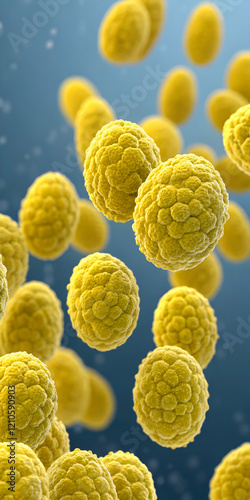 Yellow spherical bacteria under a microscope in blue background