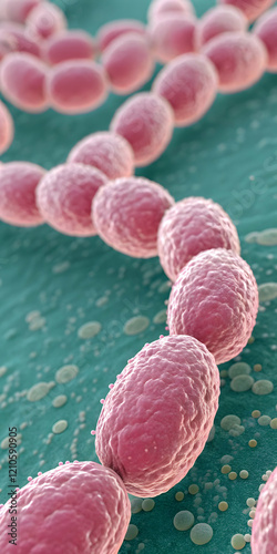Pink oval-shaped bacteria on a green surface under a microscope
