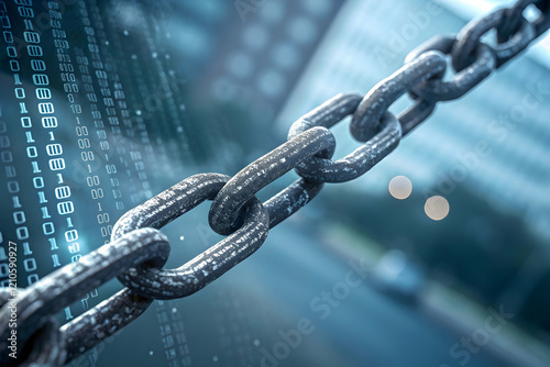 Rusted chain with binary code in digital environment
