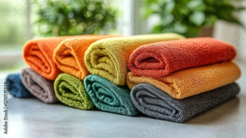 Soft and colorful towels neatly arranged on a wooden surface with green plant...