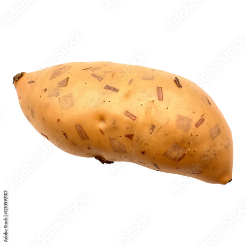 A whole unpeeled sweet potato on display. photo