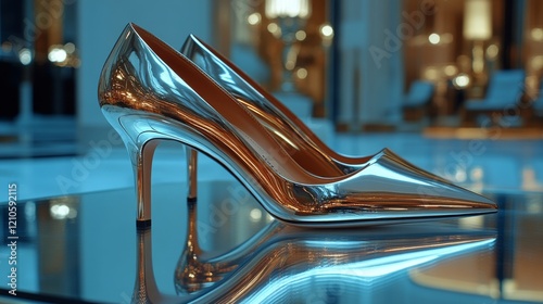 Sleek silver high heels showcased in a modern boutique interior setting with ...