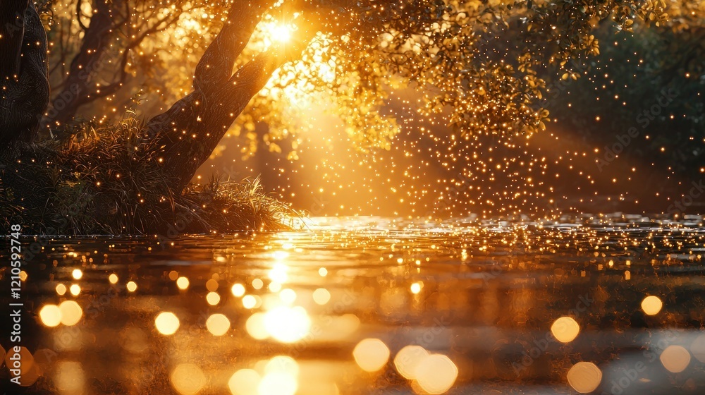 Golden hour sunlight on river, forest background. Use nature backdrop Golden hour sunlight on river, forest background. Use nature backdrop