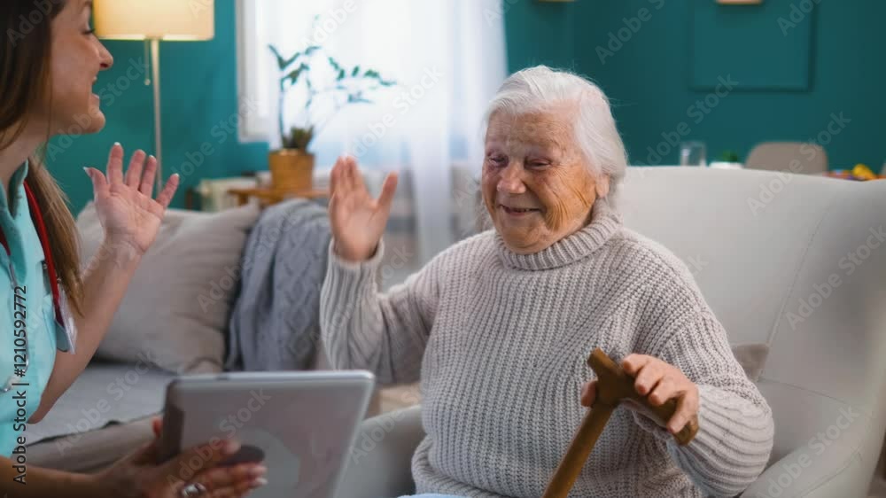Happy 80s senior woman patient rejoicing and celebrating good medical news during home visit female doctor showing report or results on a tablet, successful cure of disease, good test.