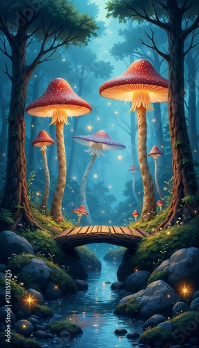 Digital watercolor of a magical forest with glowing mushrooms, fireflies, and a wooden bridge, whimsical tones