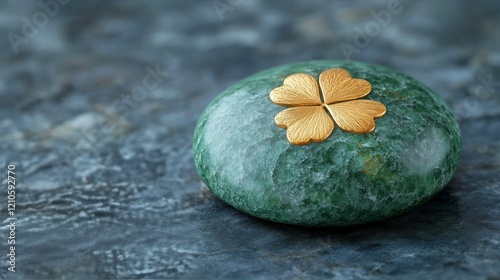 Elegant golden flower brooch resting on a smooth green stone in soft natural ...