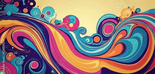 A whimsical, hand-drawn retro style with swirling patterns and groovy colors, evoking a nostalgic 1960s vibe. photo