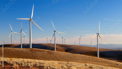 View of large wind turbines on a hillside under a clear blue sky in a renewable energy installation