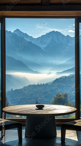 Scenic mountain view from a cozy interior overlooking fog-laden valley during...