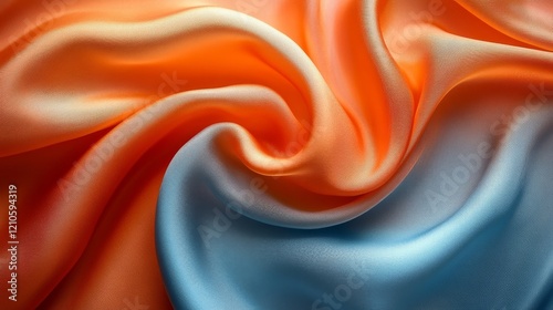 Soft coral silk fabric draped artistically on a blue surface showcasing its e...