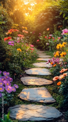 Colorful flower garden path illuminated by warm sunlight during a serene even...