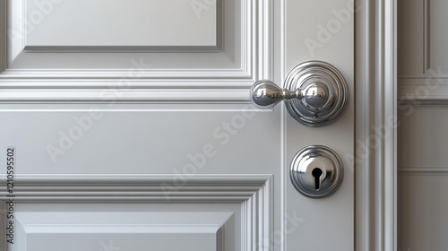 Close-up view of a shiny door knob on a blue painted door highlighting intric...