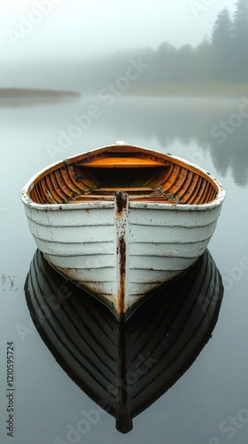 Mysterious boat in foggy lake reflecting calm water at dawn