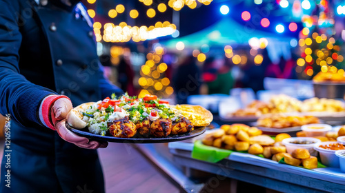 Festive Food Market Delights - A vendor presents a delicious platter of grilled meat skewers, salad, and bread at a vibrant night market.  Bright lights and festive atmosphere surround. photo