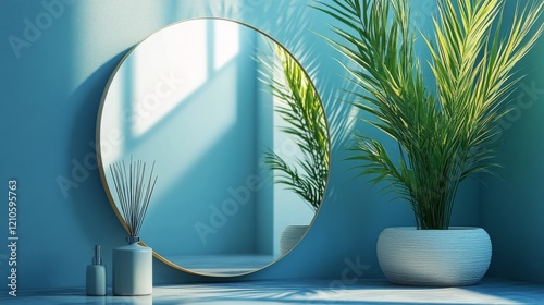 Mirror reflecting greenery against a bright blue wall in a serene indoor space