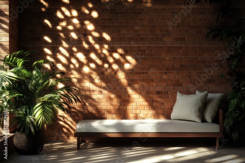 Fototapeta Naklejka Na Ścianę i Meble -  A tranquil lounge with sunlight highlighting the texture of a brick wall, shadows creating depth and warmth