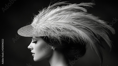 Elegant black hat adorned with feathers and embellishments on a dark backdrop
