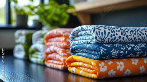 Brightly colored floral towels neatly arranged on a black wooden table in a s...