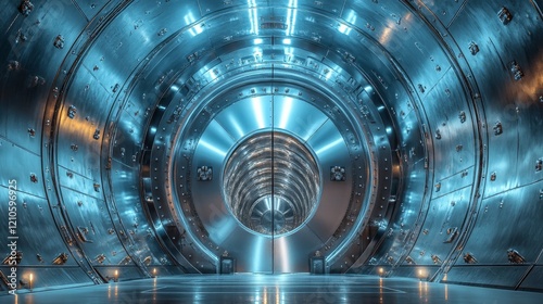 Futuristic metallic chamber with luminous blue lights and intricate design at...