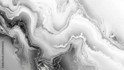 Abstract Background: Fluid Art in Shades of White, Gray, and Black with Smooth, Wavy Patterns Resembling Marble Textures