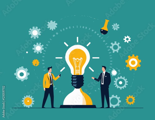 Innovation or product development, idea or solution to solve business problem, invention or technology creation to build new product, efficiency concept, businessman build gear in lightbulb idea.