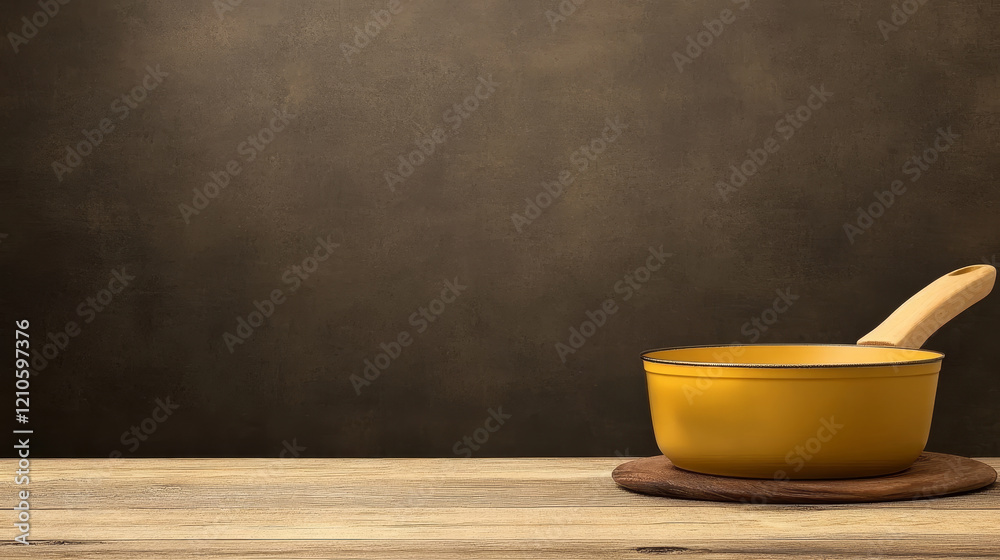 Rustic Kitchen Saucepan Still Life - A yellow saucepan sits on a wooden surface against a dark brown background. Perfect for culinary blogs, recipe websites, or cooking-themed content. Rustic Kitchen Saucepan Still Life - A yellow saucepan sits on a wooden surface against a dark brown background. Perfect for culinary blogs, recipe websites, or cooking-themed content.