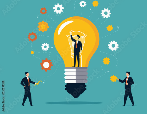 Innovation or product development, idea or solution to solve business problem, invention or technology creation to build new product, efficiency concept, businessman build gear in lightbulb idea.