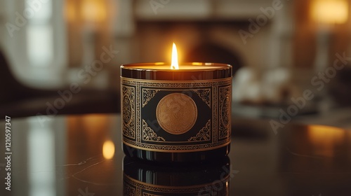 Cozy evening ambiance created by glowing candles in a modern living space wit...