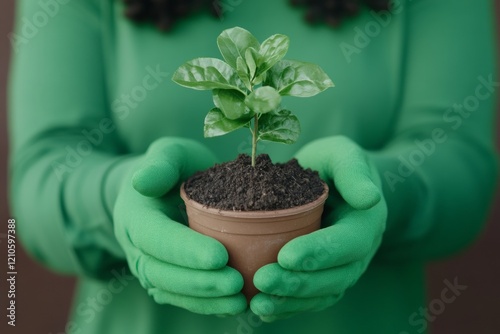 Eco-Friendly Urban Initiative Hands of Diverse Volunteers in Green Gloves and Shirts Holding Sapling - Promoting Sustainable Community Engagement and Corporate Volunteering Culture photo