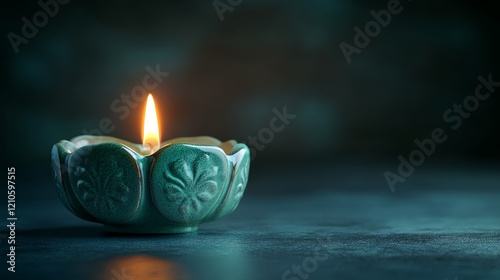 Green candle in a decorative holder illuminating a cozy indoor space during e...