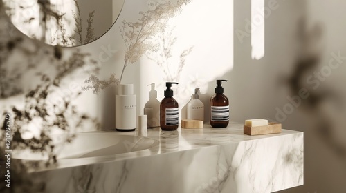 Marble Minimalism Vintage Skincare Bottles on Elegant Surface - Quiet Luxury for Premium Bathroom Decor and Marketing in Beauty Industry photo