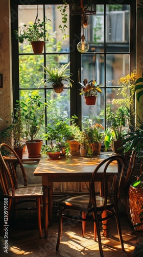 Cozy indoor garden with plants in pots and natural light streaming through th...