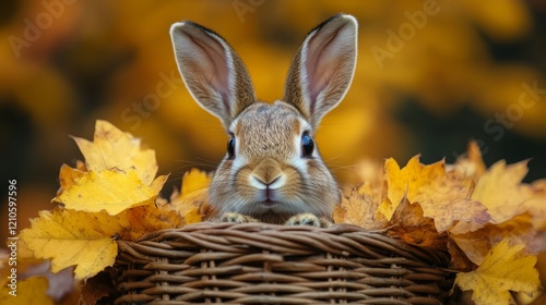 Rabbit surrounded by autumn leaves in a woven basket creating a cozy atmosphere