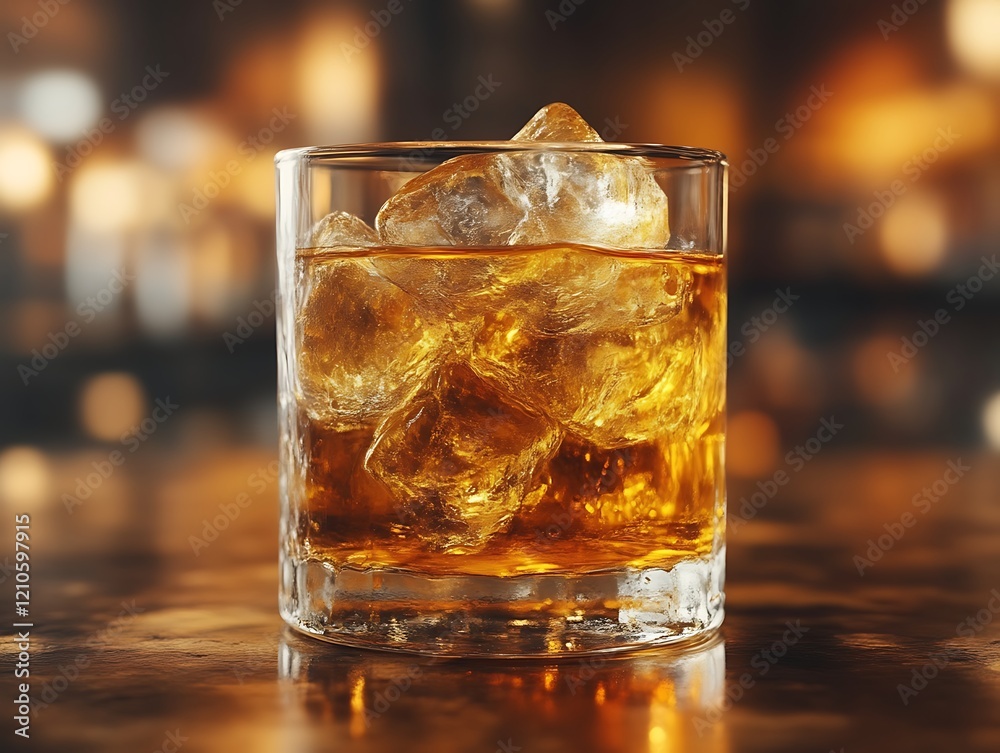 Whiskey on the rocks in a glass on a bar. Whiskey on the rocks in a glass on a bar.