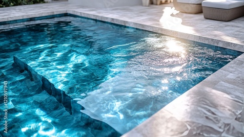 Serene infinity pool reflecting sunlight surrounded by lush greenery at sunset