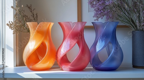 Unique colorful vases arranged on a windowsill with natural light illuminated...