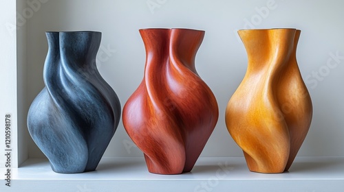Unique colorful vases arranged on a windowsill with natural light illuminated...