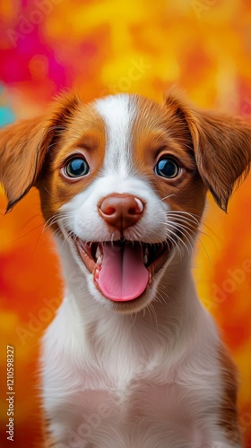 Happy puppy poses with vibrant colorful background displaying joy and playful...