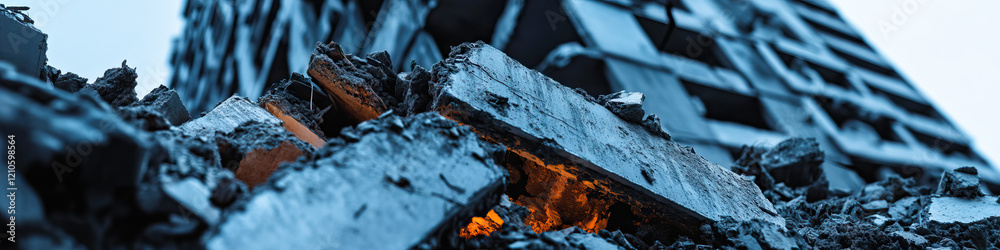 Fototapeta premium Demolished Building Rubble with Embers
