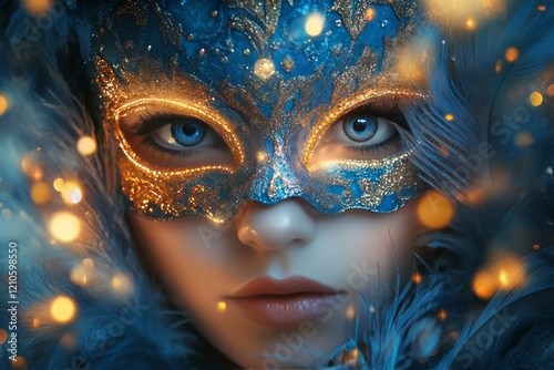Beautiful woman wearing an elaborate blue mask with shimmering lights during ...
