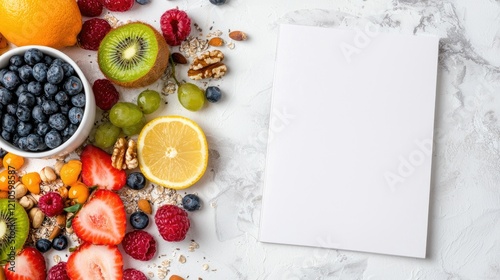 Wallpaper Mural Healthy fruit breakfast recipe notepad. Marble background.  Food blog use Torontodigital.ca