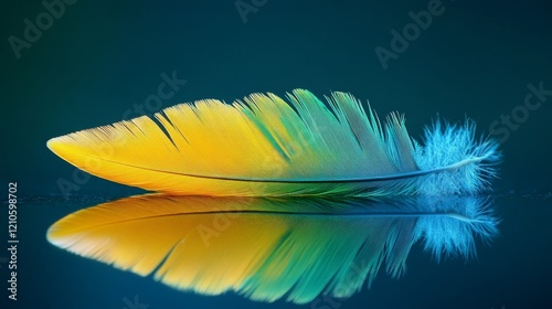 Brightly colored feather with reflections on a dark background showcasing nat...