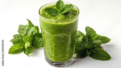 Refreshing green smoothie garnished with fresh mint on a dark countertop in a...
