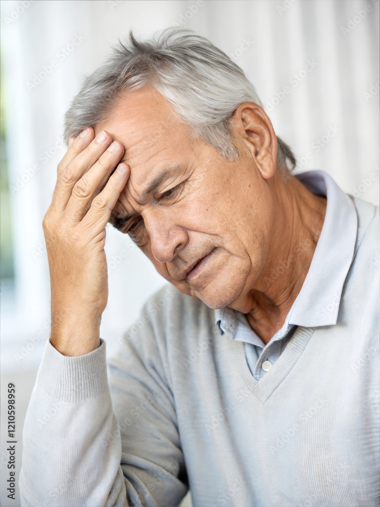 Handsome man having bad headache, holding his head, sitting in living room, people background, felling unwell