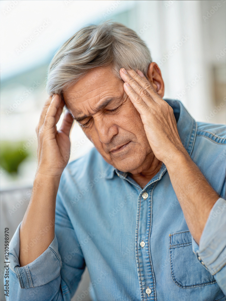 Handsome man having bad headache, holding his head, sitting in living room, people background, felling unwell