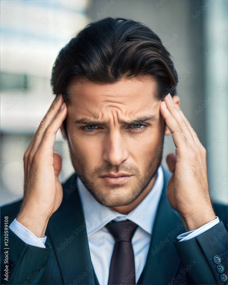 Handsome man having bad headache, holding his head, sitting in living room, people background, felling unwell